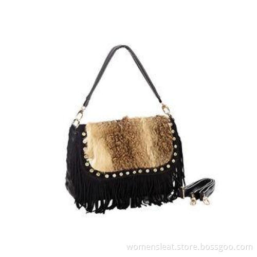 Ladies Black Rabbit Fur Handbags with Crystal Rivets and Su